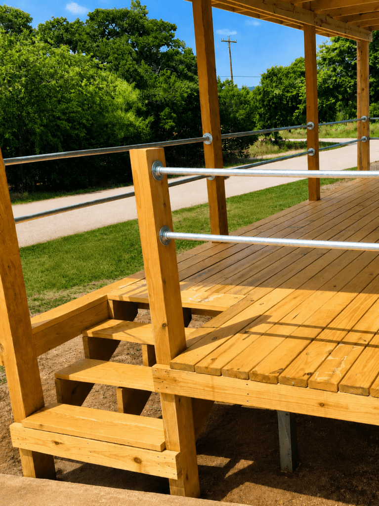 San Marcos Hays County outdoor living space with wood deck, exterior stairs, metal railing, and covered patio construction